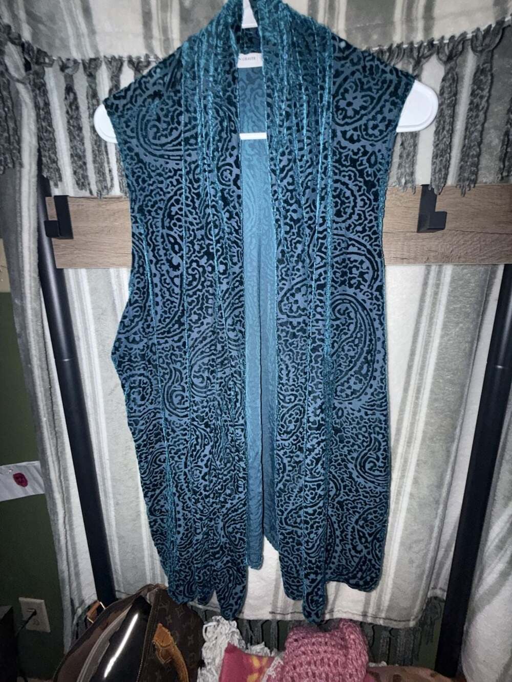 Susan Graver Vest Size L Teal Burnout Velvet Paisley Open Front
